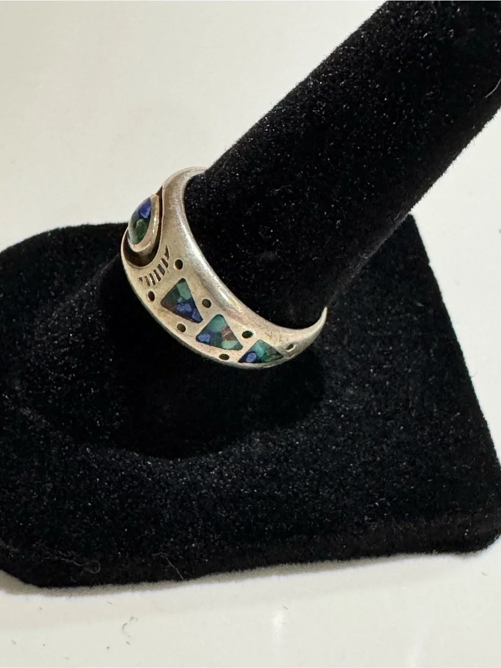 Vintage Native American Sterling Silver Turquoise, Coral & Lapis Ring